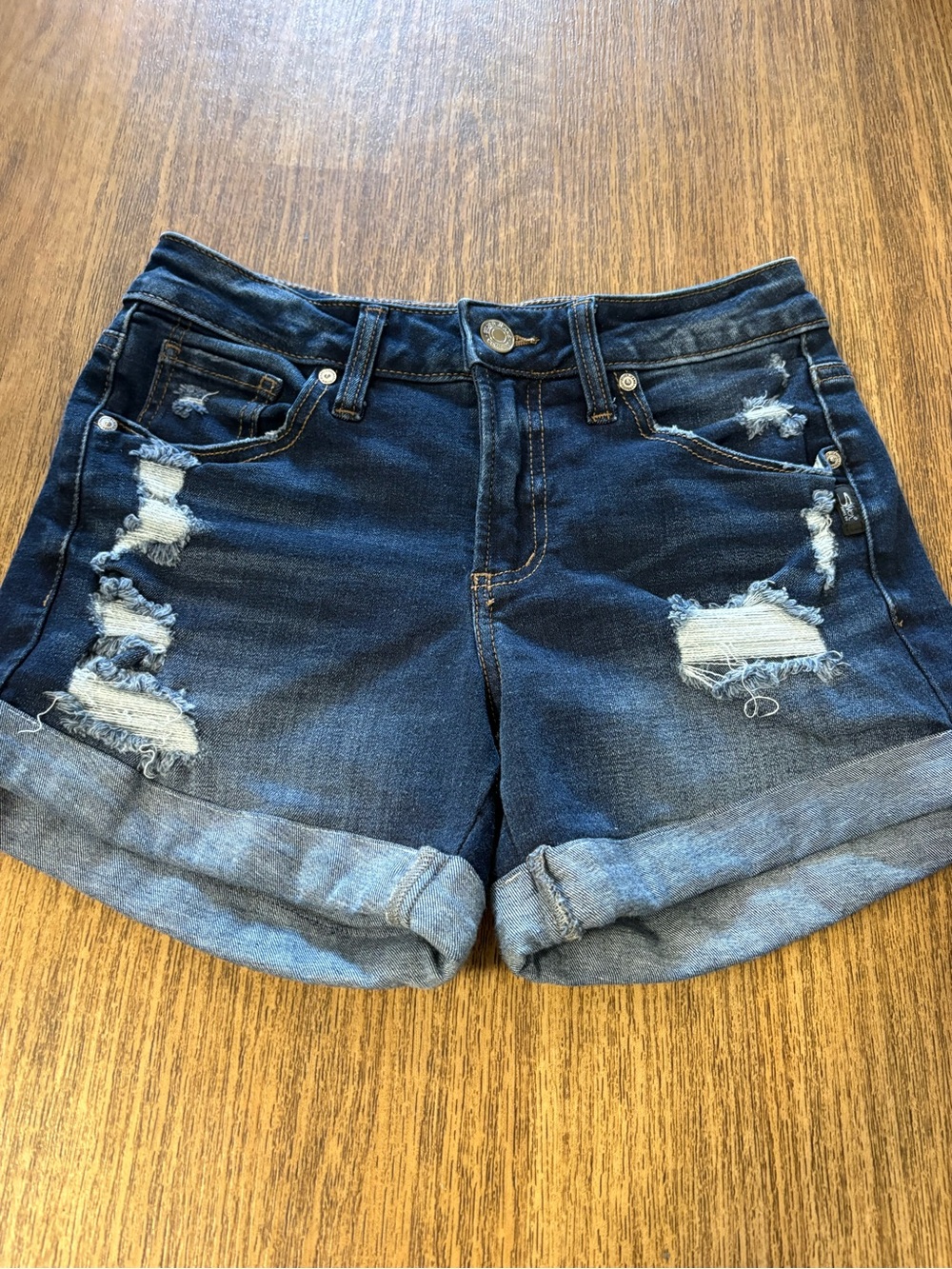 Silver Jeans Dark Indigo Distressed Rolled-Cuff Denim Shorts